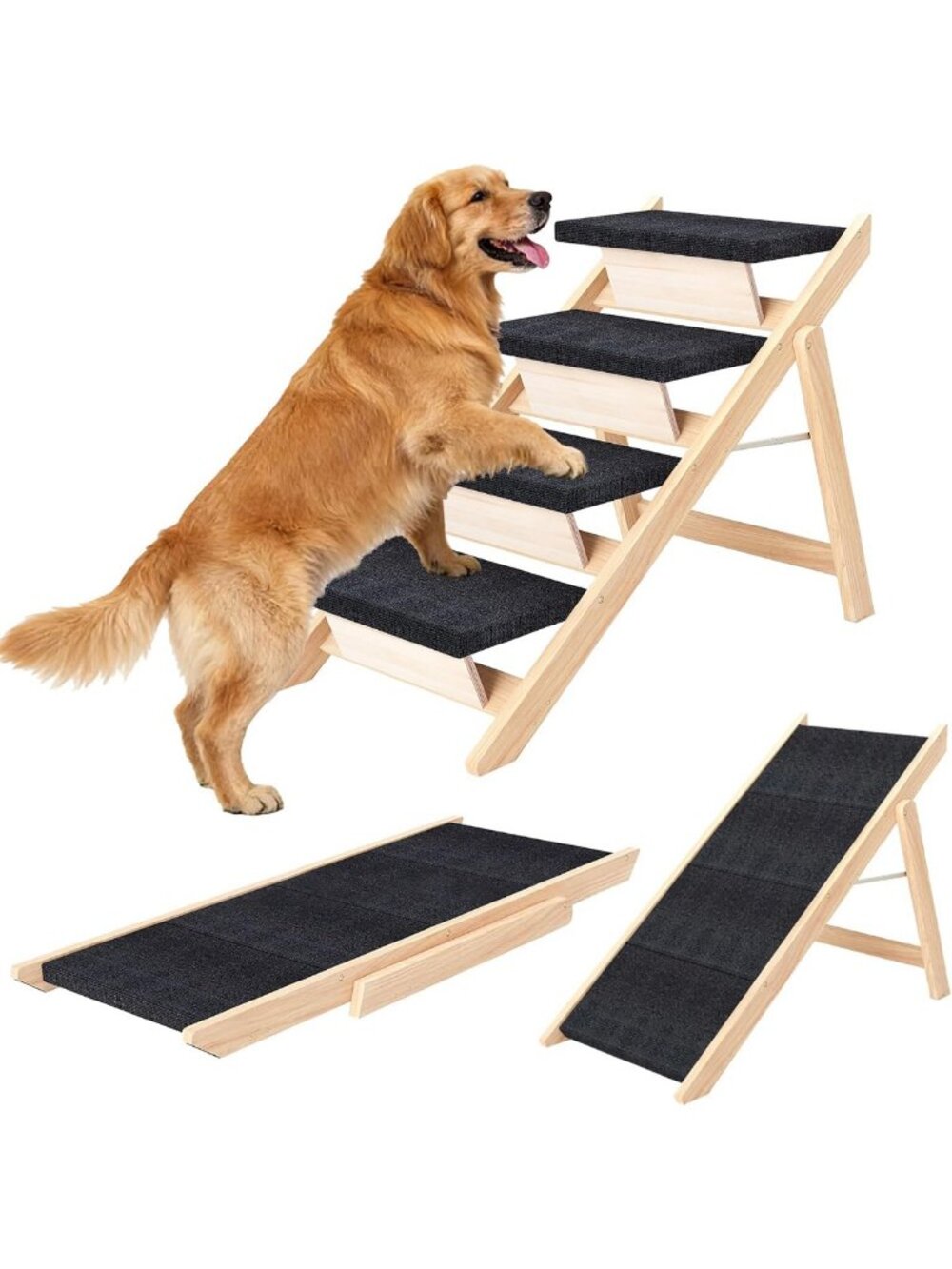 Foldable 2-in-1 Wooden Dog Stairs & Ramp for Bed - 4 Steps, Pet Friendly Access